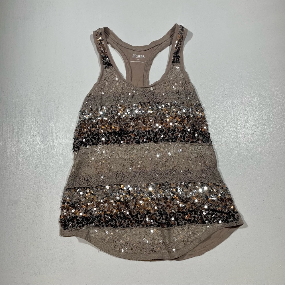 Express Dreamweight Cotton Stripe Sequin Glitter Tank Top New Years Eve Tan Lace - Picture 1 of 6